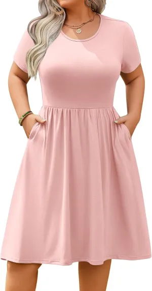 IN'VOLAND Womens Plus Size Summer Dress Short Sleeve Casual Mini Dresses Empire Waist T-Shirt Dress with Pockets