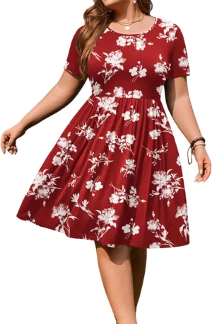 IN'VOLAND Womens Plus Size Summer Dress Short Sleeve Dresses Swing Dress Casual Floral A-Line T Shirt Dresses with Pockets Red Flower