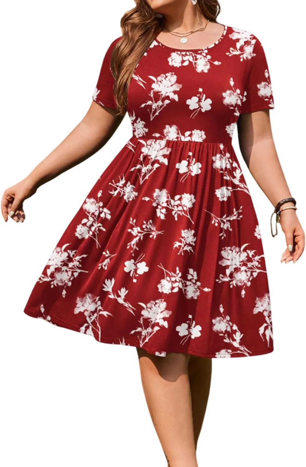 IN'VOLAND Womens Plus Size Summer Dress Short Sleeve Dresses Swing Dress Casual Floral A-Line T Shirt Dresses with Pockets Red Flower