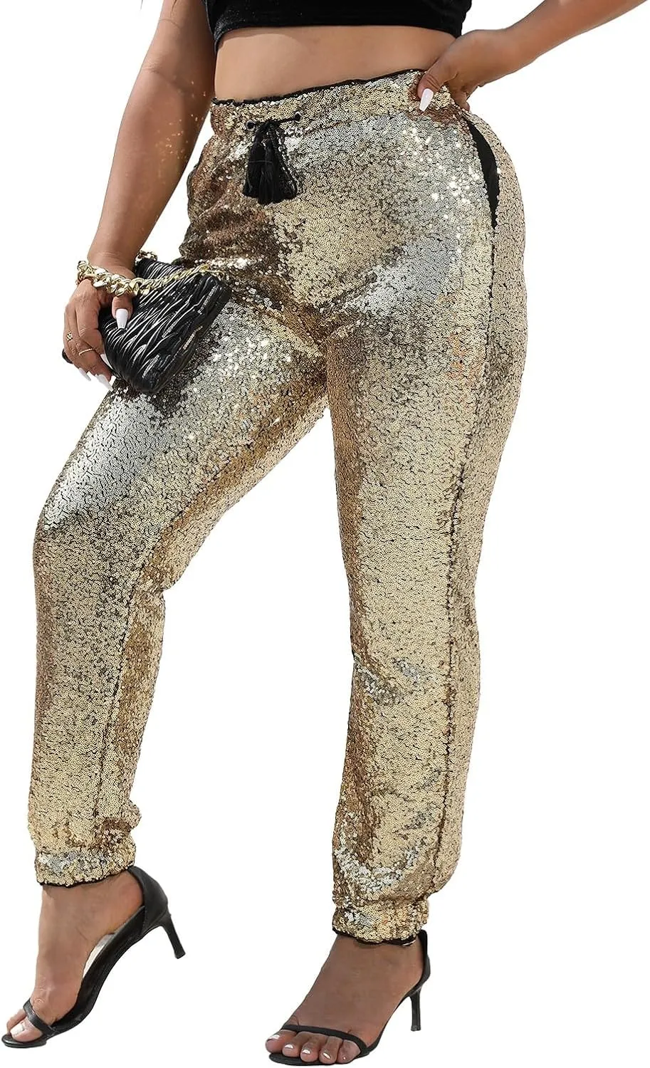 J&DHUASHA Womens Casual Sparkly Sequin Pants High Waist Glitter Joggers Pants Bling Party Skinny Pants