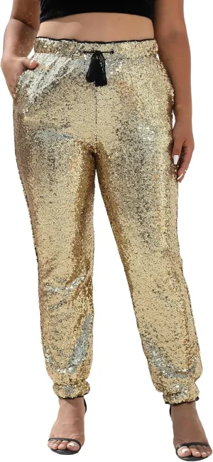 J&DHUASHA Womens Casual Sparkly Sequin Pants High Waist Glitter Joggers Pants Bling Party Skinny Pants