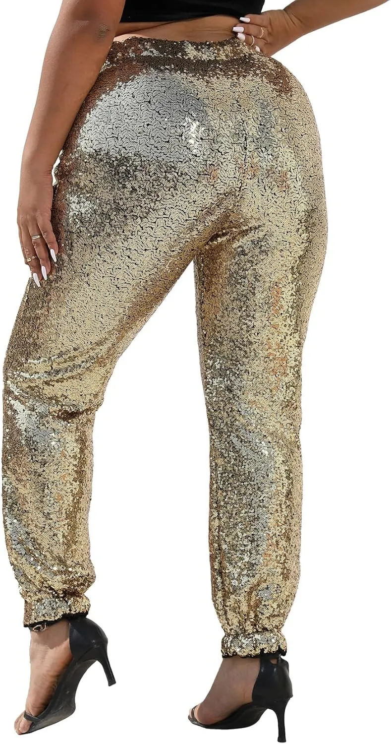 J&DHUASHA Womens Casual Sparkly Sequin Pants High Waist Glitter Joggers Pants Bling Party Skinny Pants