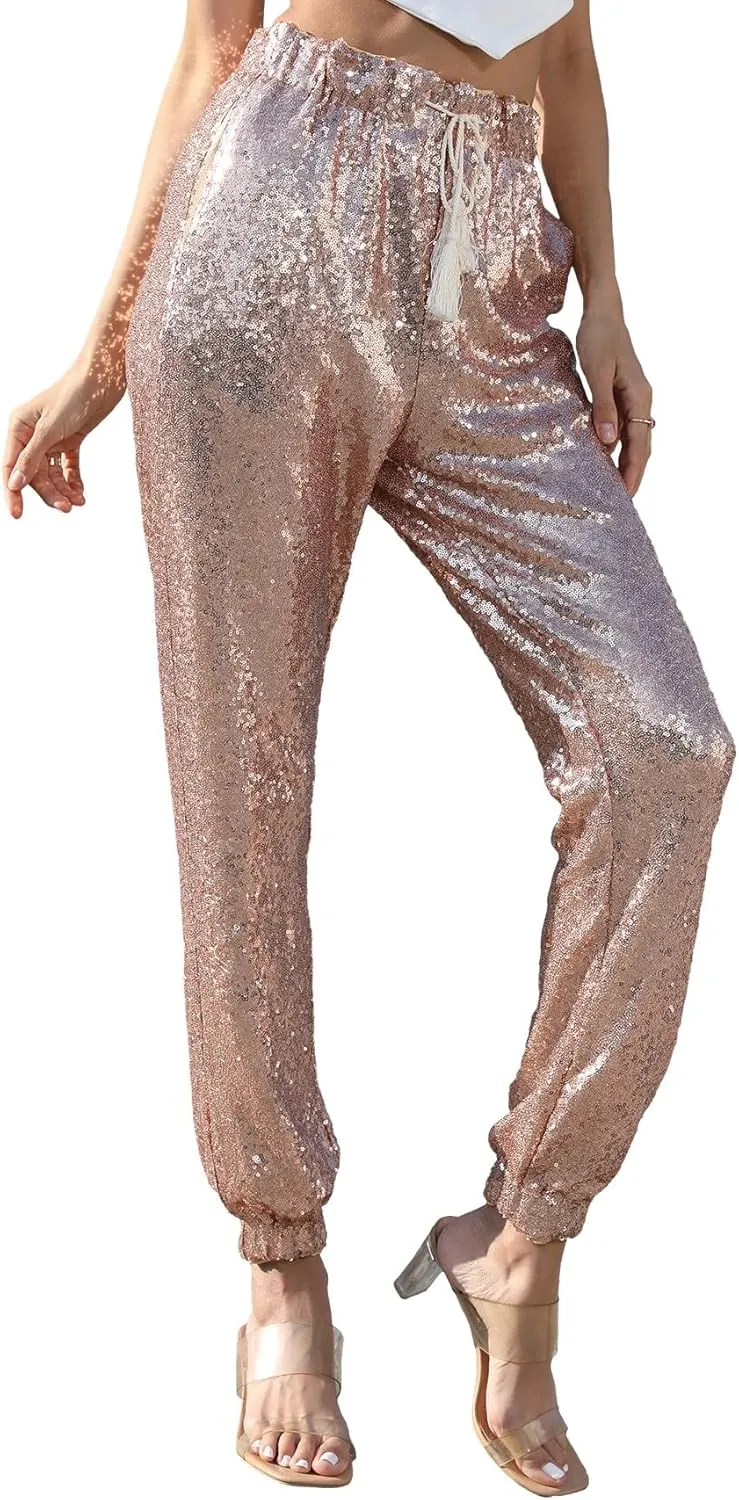 J&DHUASHA Womens Casual Sparkly Sequin Pants High Waist Glitter Joggers Pants Bling Party Skinny Pants