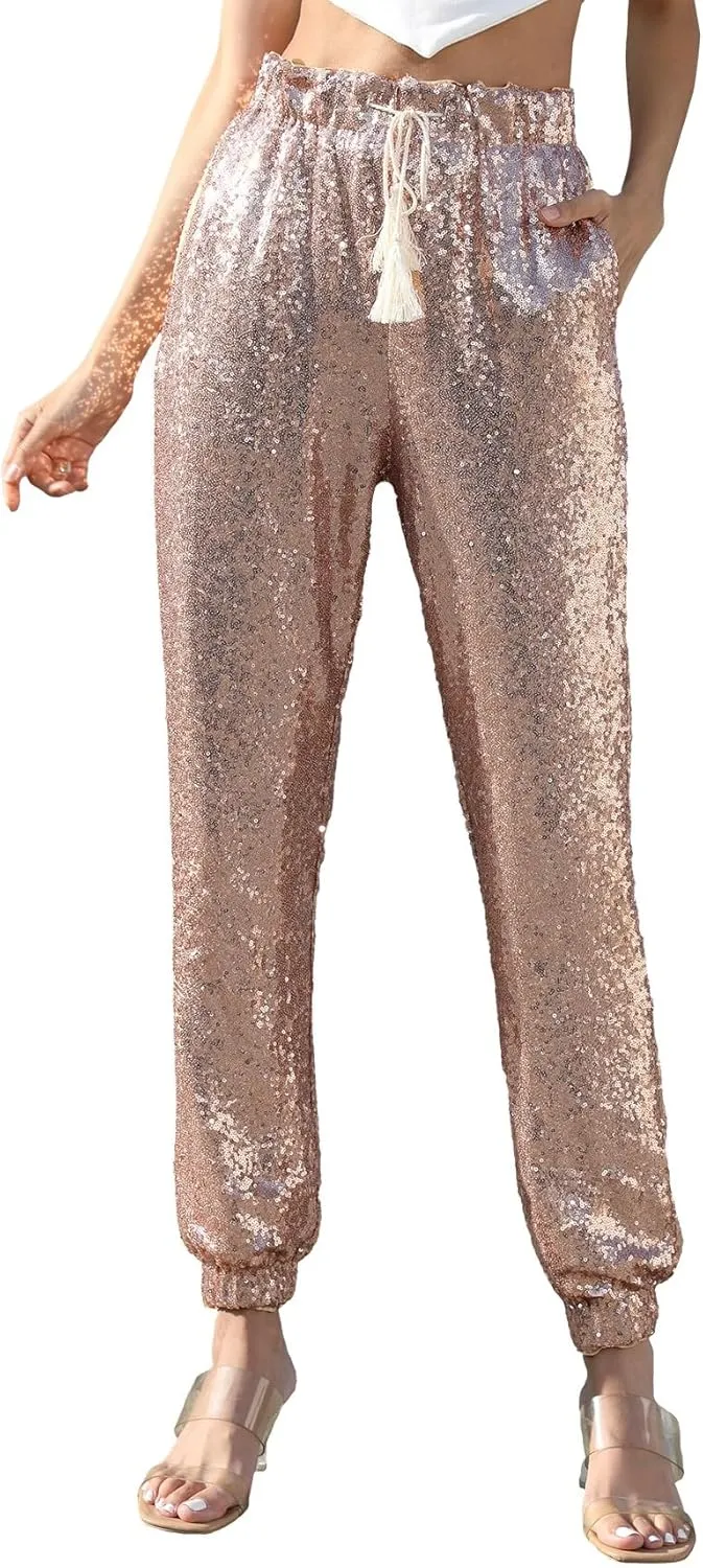 J&DHUASHA Womens Casual Sparkly Sequin Pants High Waist Glitter Joggers Pants Bling Party Skinny Pants