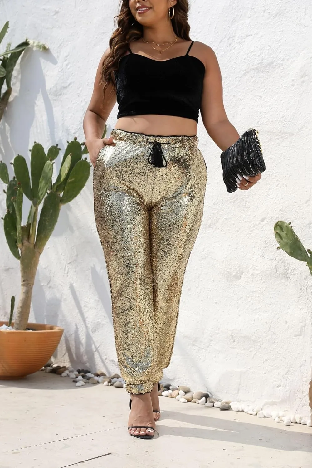 J&DHUASHA Womens Casual Sparkly Sequin Pants High Waist Glitter Joggers Pants Bling Party Skinny Pants