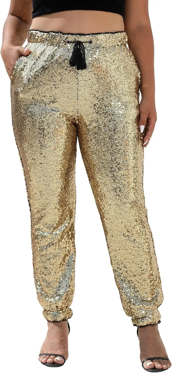 J&DHUASHA Womens Casual Sparkly Sequin Pants High Waist Glitter Joggers Pants Bling Party Skinny Pants