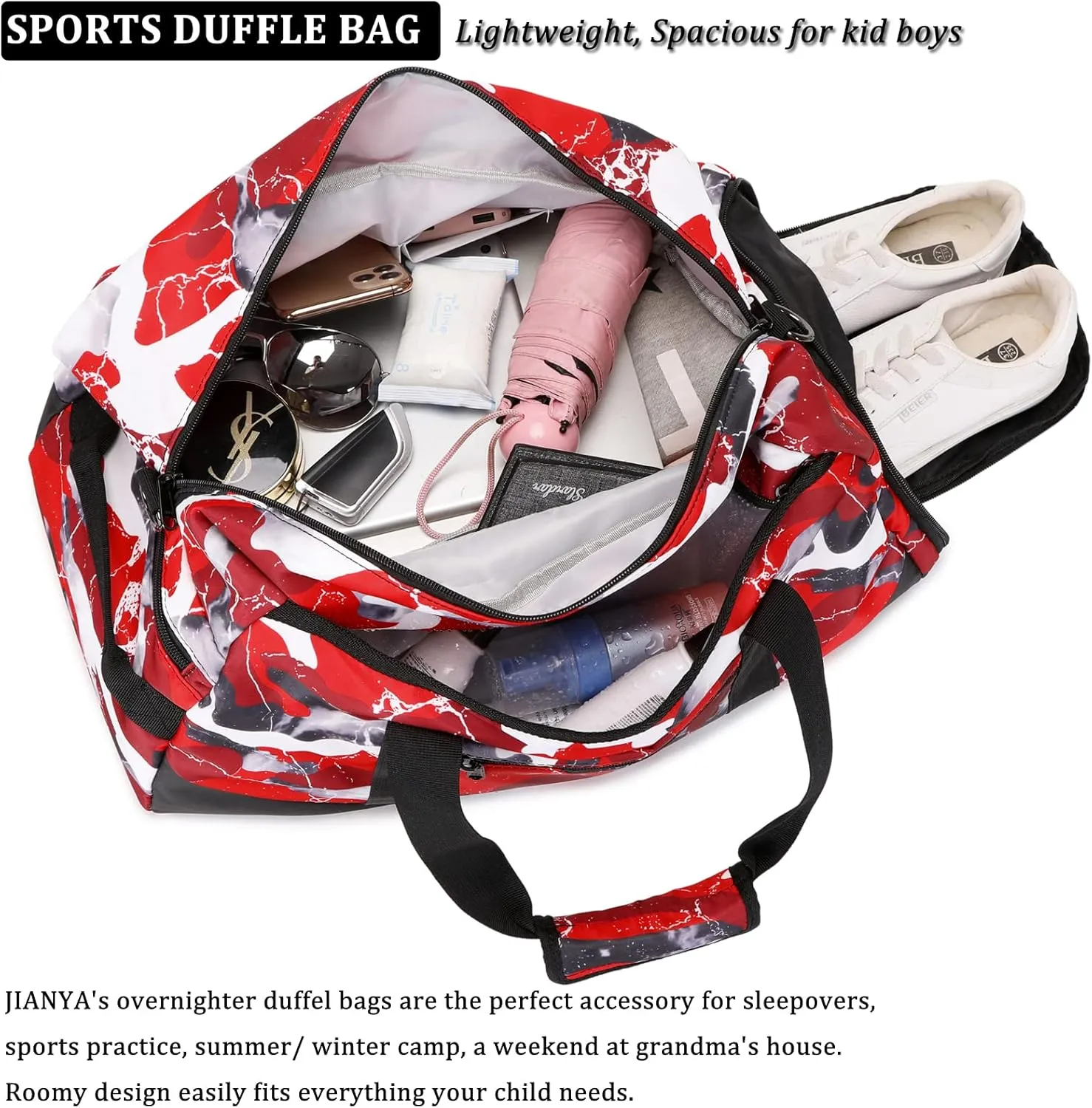 JIANYA Kids Overnight Duffle Bag Boys Sports Bag Gymnastics Bag with Shoe Compartment & Wet Pocket, Carry On Sleepover Bag Gym Bag for Kid Boys