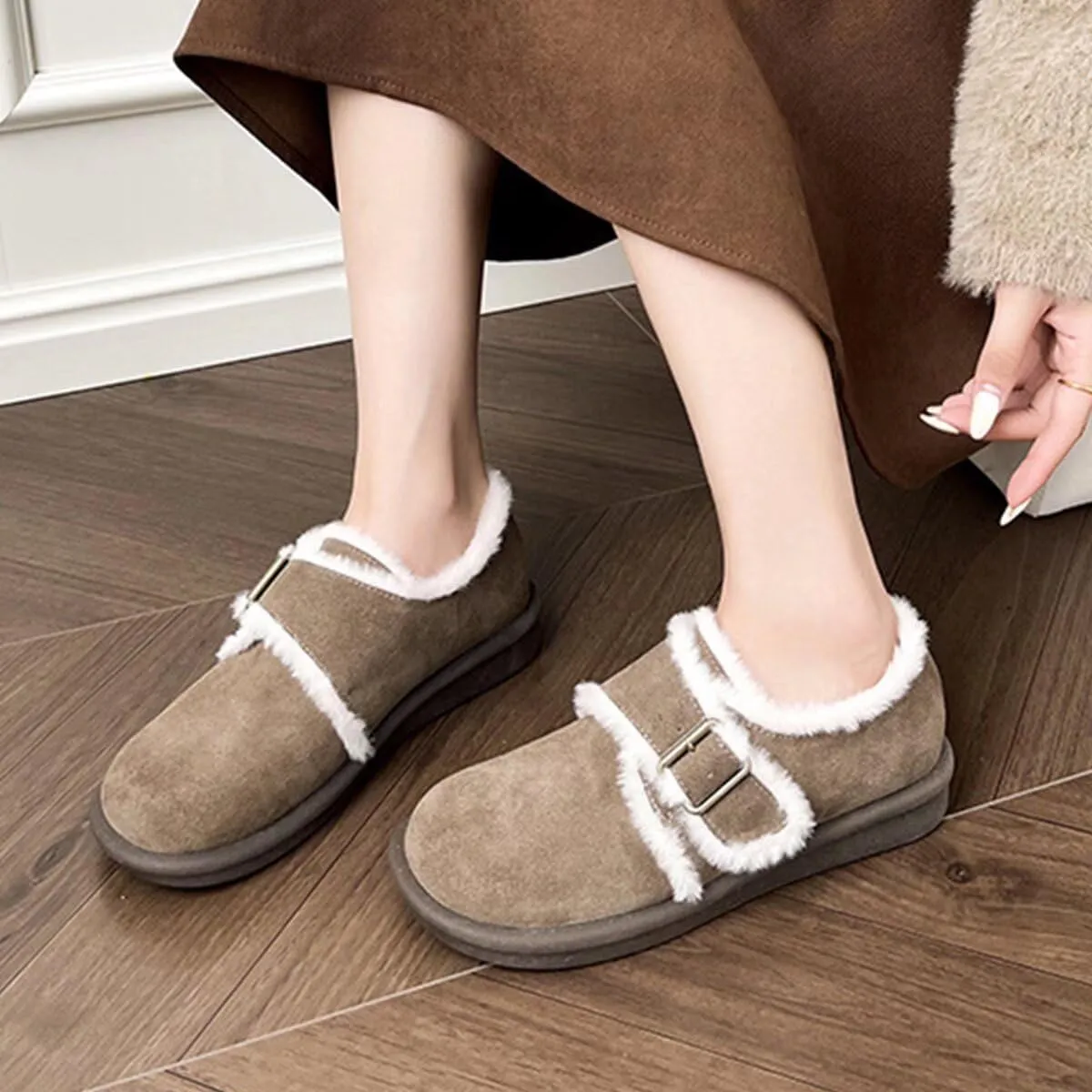 JOEupin Women's Plush Round Toe Slip-On Flats, Women's Plush Lined Orthopedic Slip-On Shoes, Retro Buckle Strap Round Toe Flat Loafers