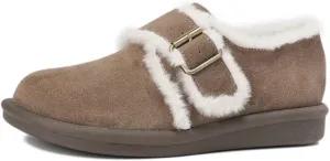 JOEupin Women's Plush Round Toe Slip-On Flats, Women's Plush Lined Orthopedic Slip-On Shoes, Retro Buckle Strap Round Toe Flat Loafers