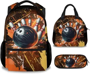 Kids Backpack Boys - Bowling Backpacks Set for School Child - Sports Bookbag with Lunch Bag & Pencil Case - Bowling Ball Book Bags for Elementary Middle School