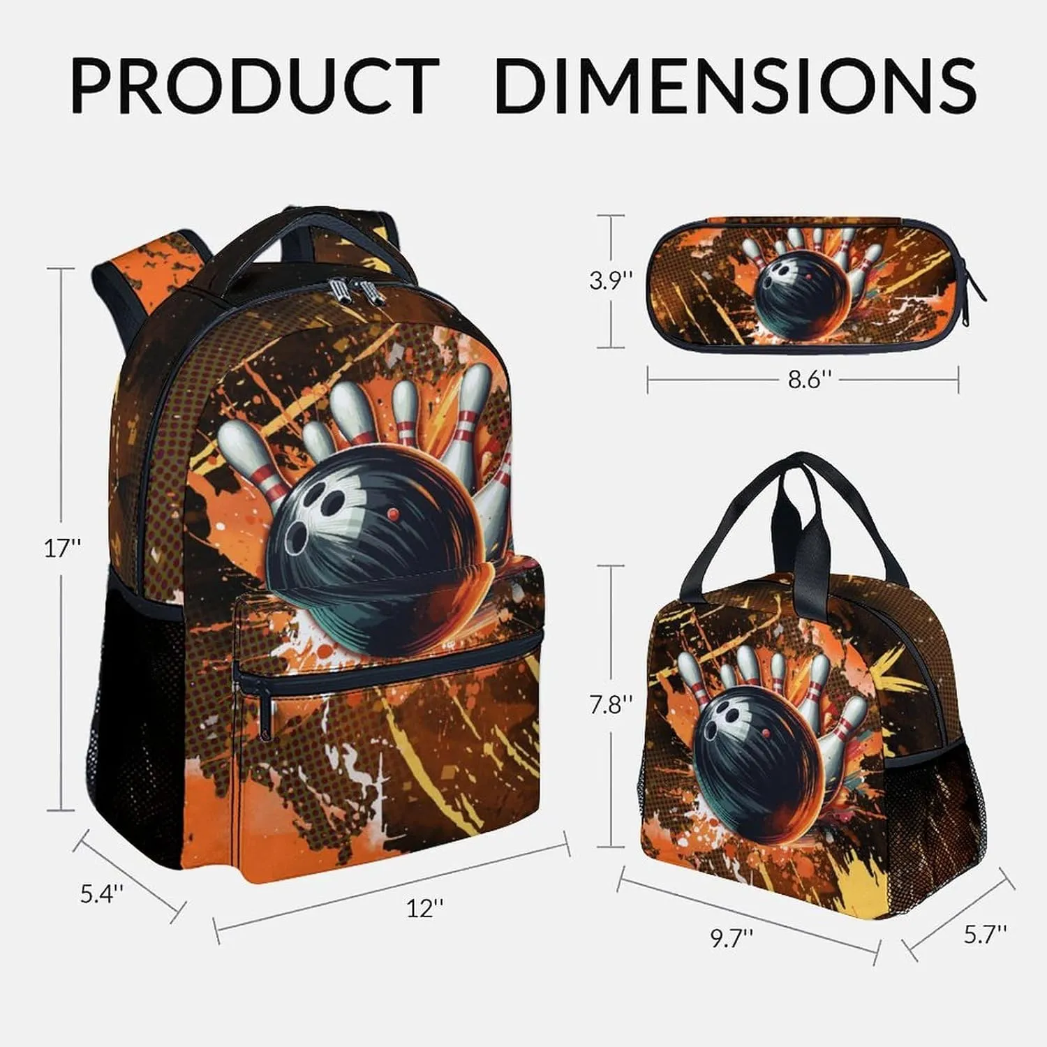 Kids Backpack Boys - Bowling Backpacks Set for School Child - Sports Bookbag with Lunch Bag & Pencil Case - Bowling Ball Book Bags for Elementary Middle School