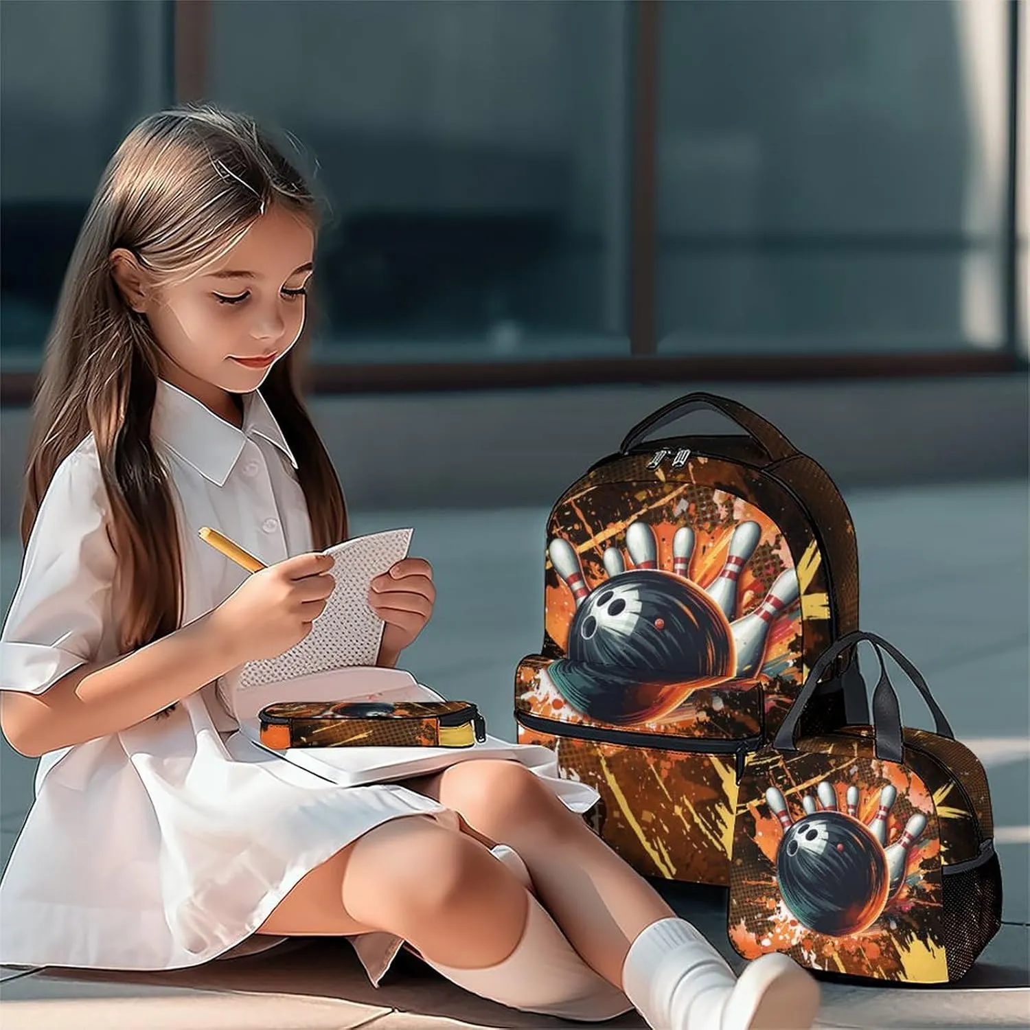 Kids Backpack Boys - Bowling Backpacks Set for School Child - Sports Bookbag with Lunch Bag & Pencil Case - Bowling Ball Book Bags for Elementary Middle School