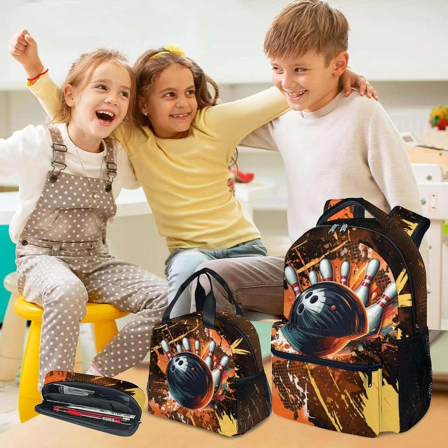 Kids Backpack Boys - Bowling Backpacks Set for School Child - Sports Bookbag with Lunch Bag & Pencil Case - Bowling Ball Book Bags for Elementary Middle School