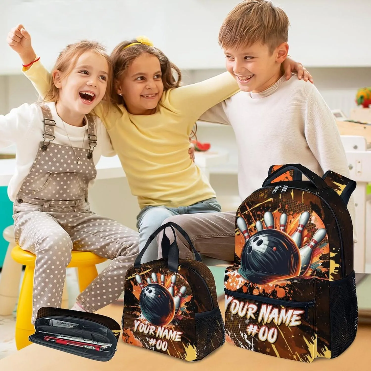 Kids Backpack Boys - Personalized Bowling Backpacks Set for School - Sports Bookbag with Lunch Bag & Pencil Case - Bowling Ball Book Bags for Elementary Middle School