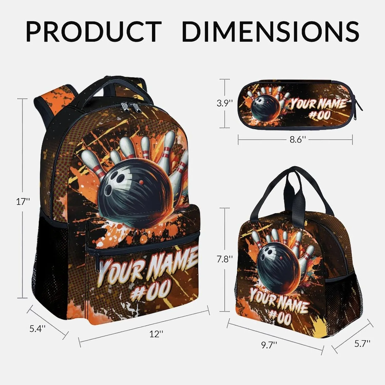 Kids Backpack Boys - Personalized Bowling Backpacks Set for School - Sports Bookbag with Lunch Bag & Pencil Case - Bowling Ball Book Bags for Elementary Middle School