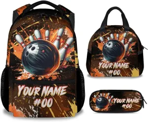 Kids Backpack Boys - Personalized Bowling Backpacks Set for School - Sports Bookbag with Lunch Bag & Pencil Case - Bowling Ball Book Bags for Elementary Middle School
