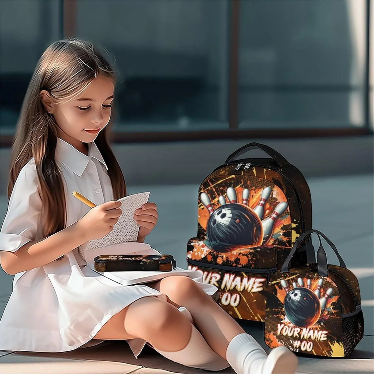 Kids Backpack Boys - Personalized Bowling Backpacks Set for School - Sports Bookbag with Lunch Bag & Pencil Case - Bowling Ball Book Bags for Elementary Middle School