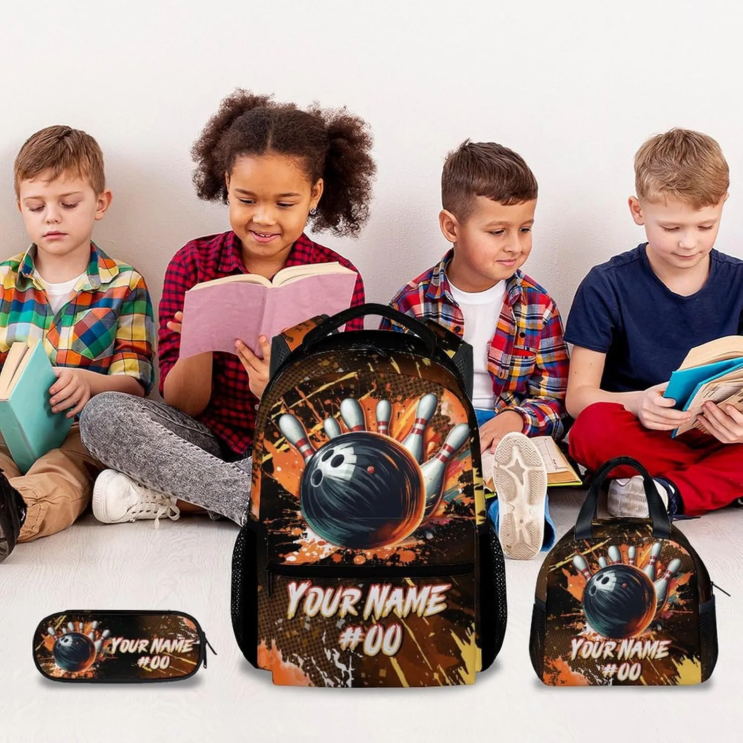 Kids Backpack Boys - Personalized Bowling Backpacks Set for School - Sports Bookbag with Lunch Bag & Pencil Case - Bowling Ball Book Bags for Elementary Middle School