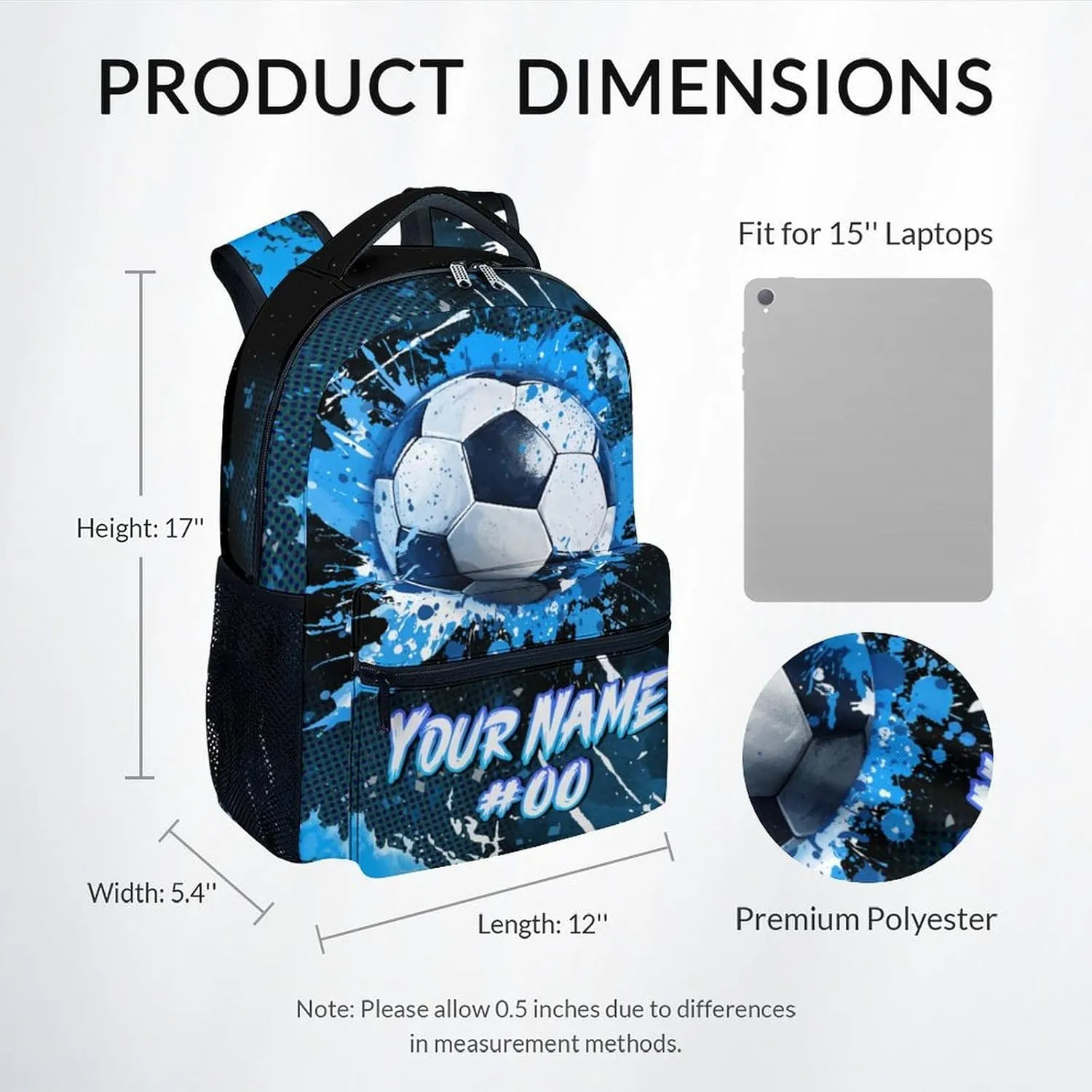 Kids Backpack - Personalized Soccer Backpacks for Boys Girls - 17 Inch School Bookbag for Teens - Sport Theme Book Bag for Elementary Middle School - Custom Back Pack for Ages 8-12