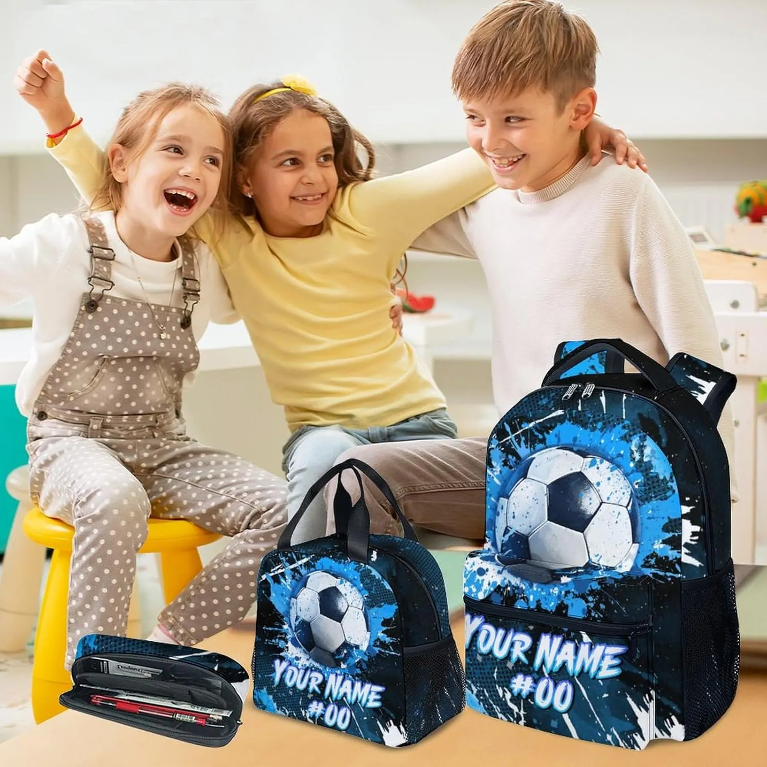 Kids Backpack - Personalized Soccer Backpacks Set for Boys Girls - School Bookbag with Lunch Box - Sport Themed Book Bag for Elementary Middle School