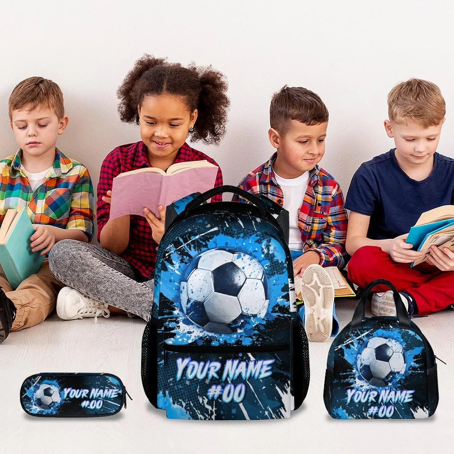 Kids Backpack - Personalized Soccer Backpacks Set for Boys Girls - School Bookbag with Lunch Box - Sport Themed Book Bag for Elementary Middle School