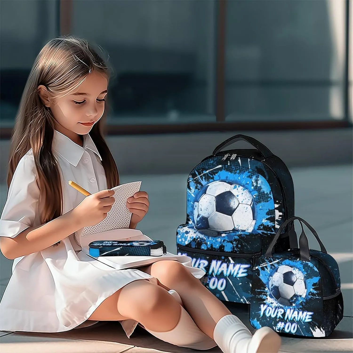 Kids Backpack - Personalized Soccer Backpacks Set for Boys Girls - School Bookbag with Lunch Box - Sport Themed Book Bag for Elementary Middle School