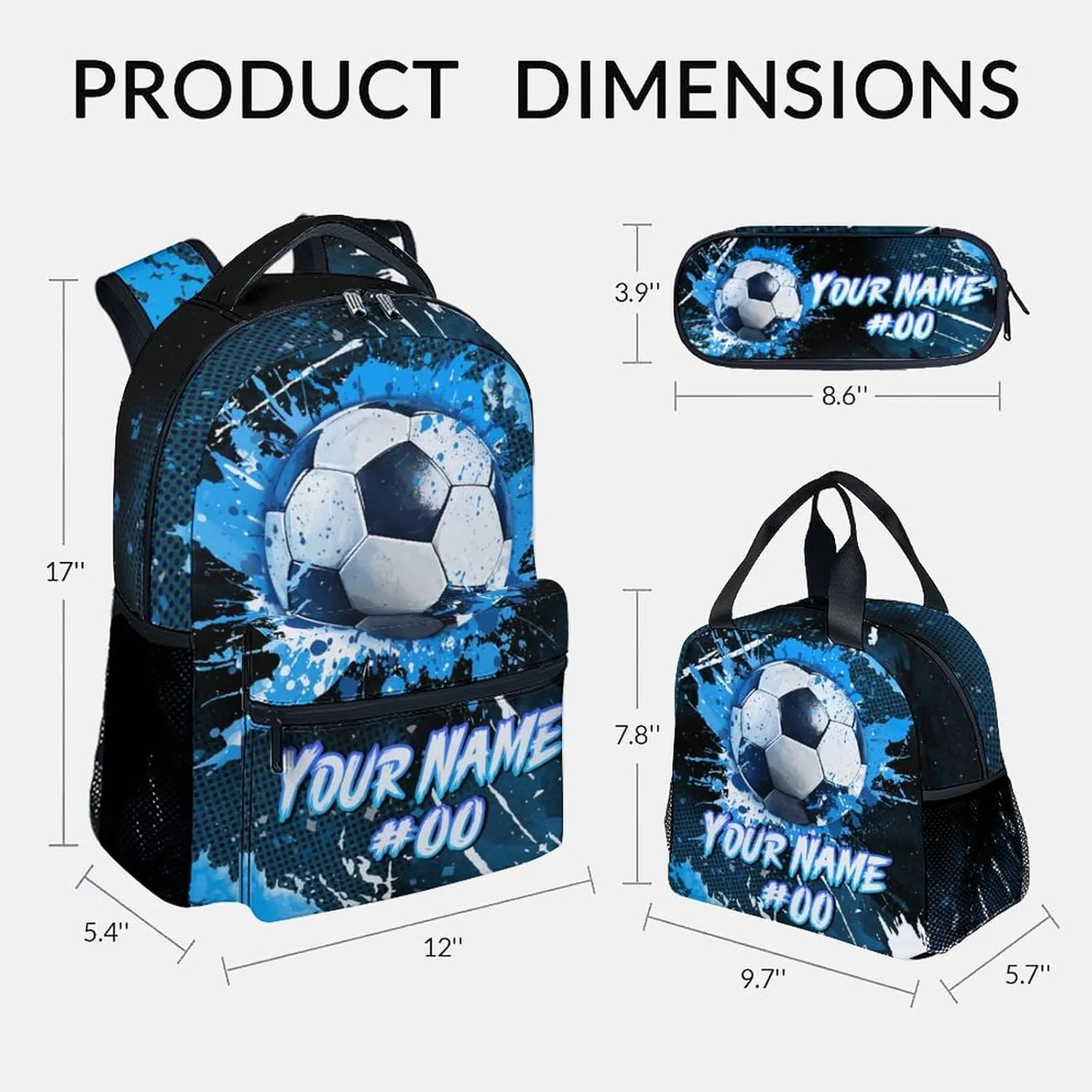 Kids Backpack - Personalized Soccer Backpacks Set for Boys Girls - School Bookbag with Lunch Box - Sport Themed Book Bag for Elementary Middle School