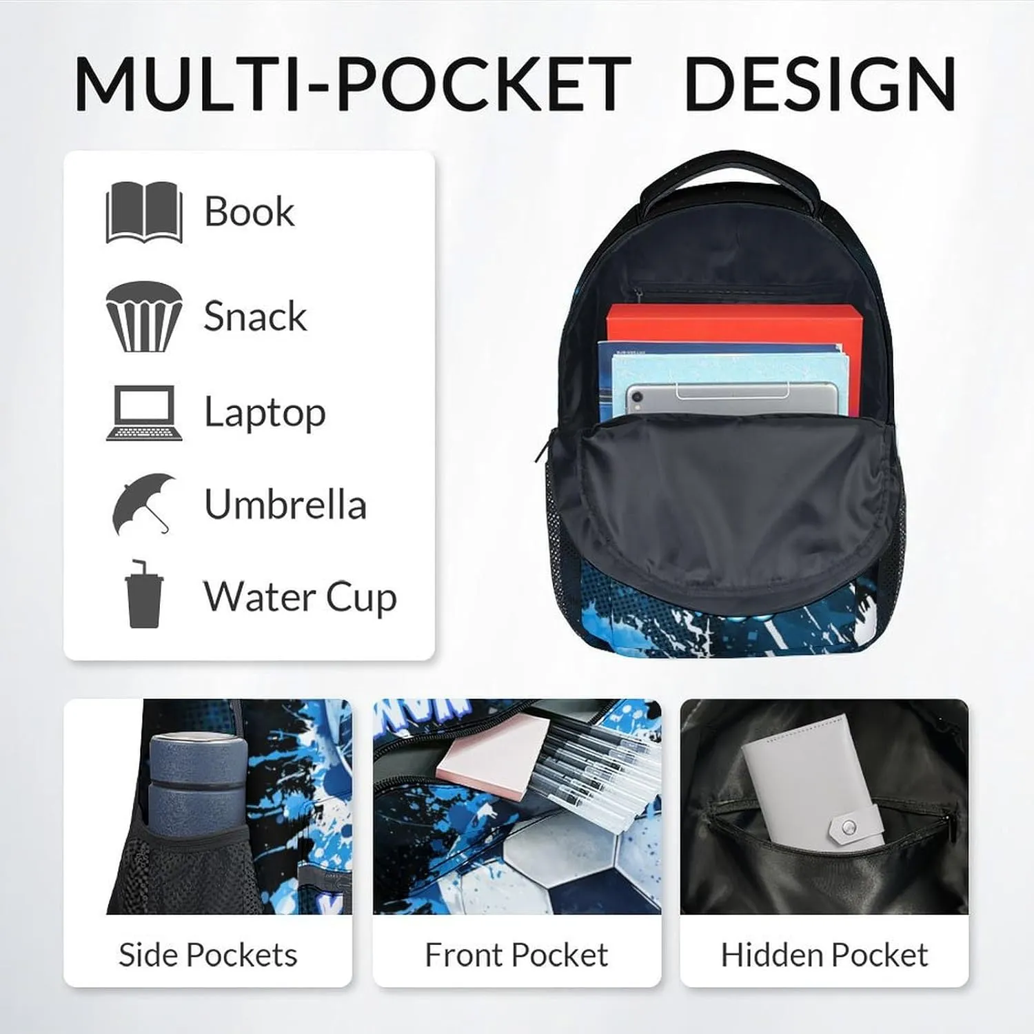 Kids Backpack - Personalized Soccer Backpacks Set for Boys Girls - School Bookbag with Lunch Box - Sport Themed Book Bag for Elementary Middle School