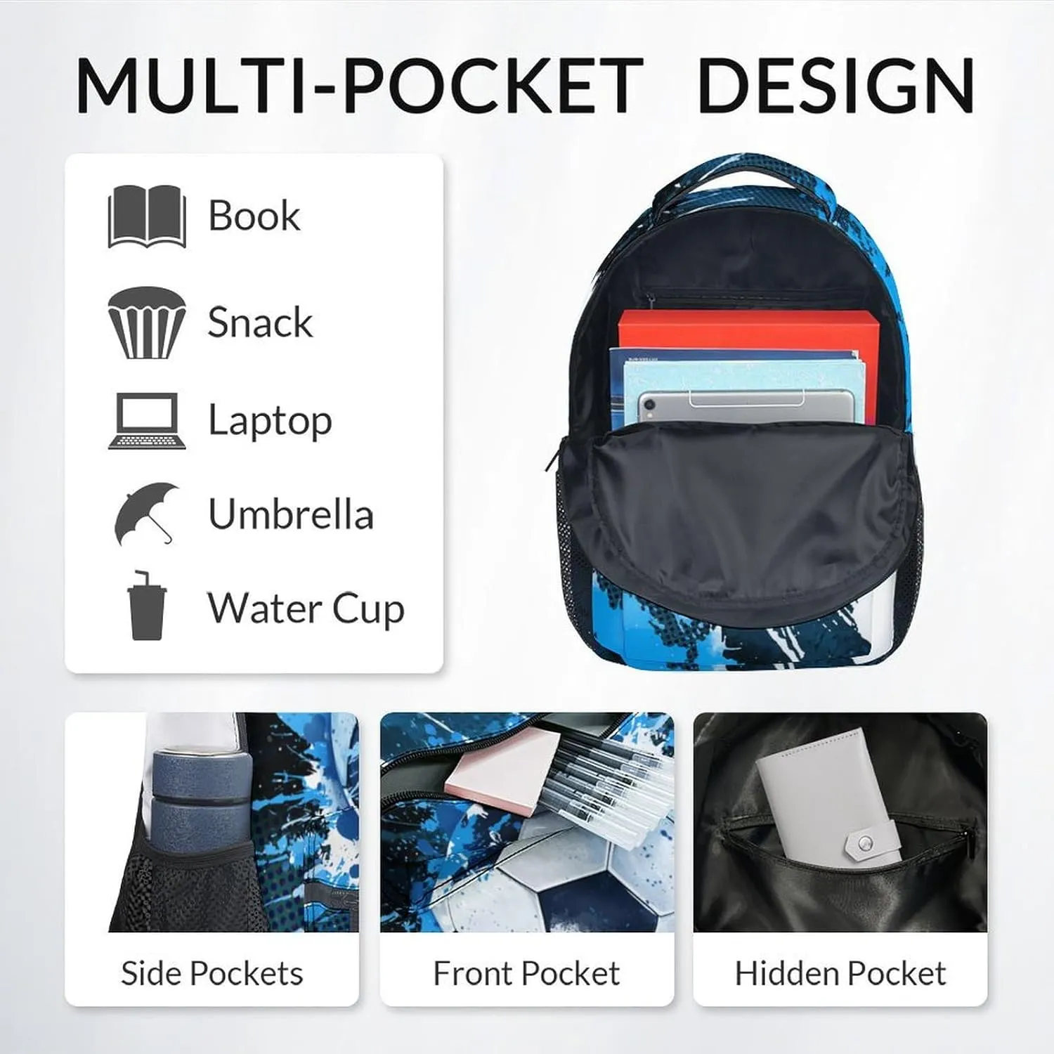 Kids Backpack - Soccer Backpacks for Boys Girls - 17 Inch School Bookbag for Teens - Sport Theme Book Bag for Elementary Middle School - Youth Back Pack for Ages 8-12