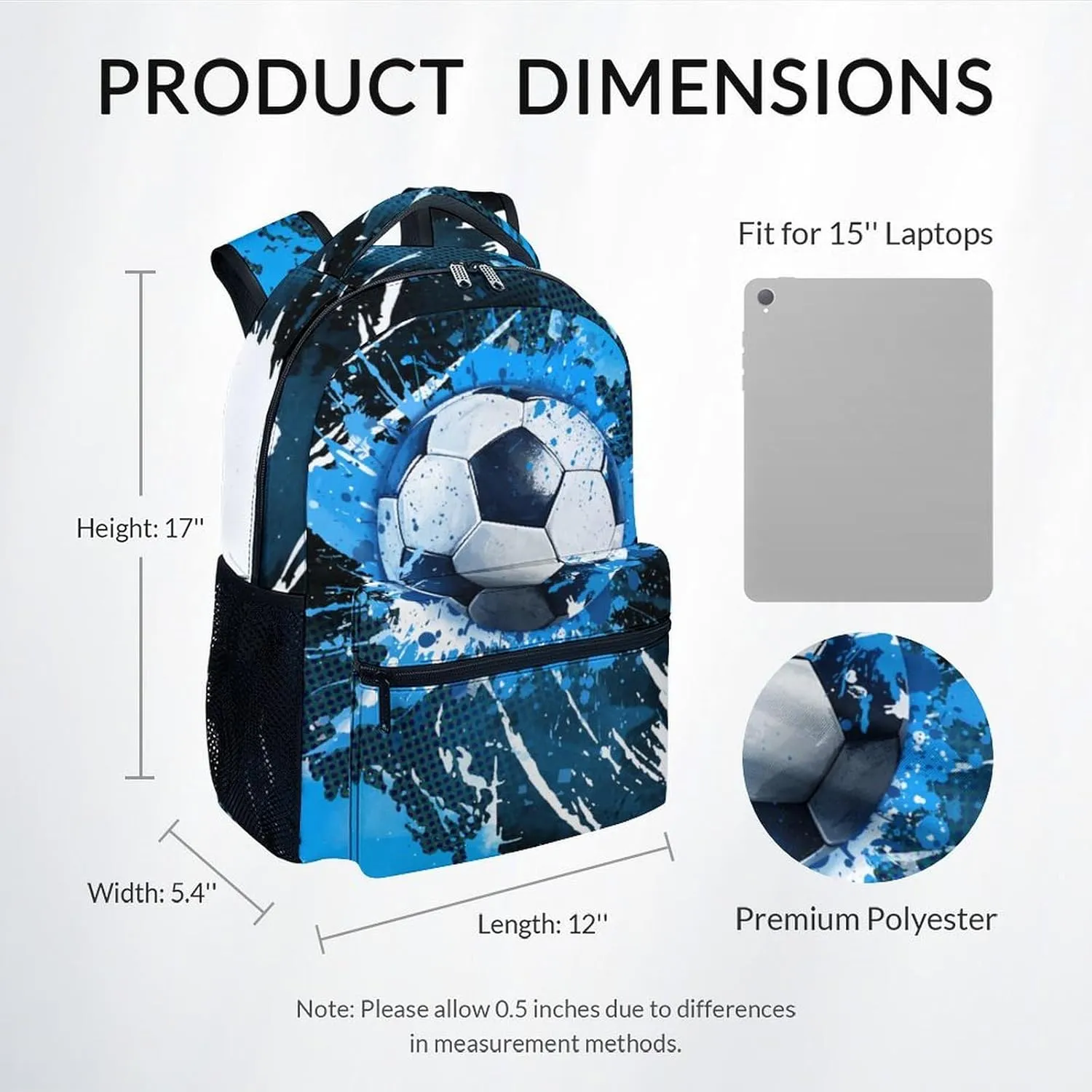 Kids Backpack - Soccer Backpacks for Boys Girls - 17 Inch School Bookbag for Teens - Sport Theme Book Bag for Elementary Middle School - Youth Back Pack for Ages 8-12