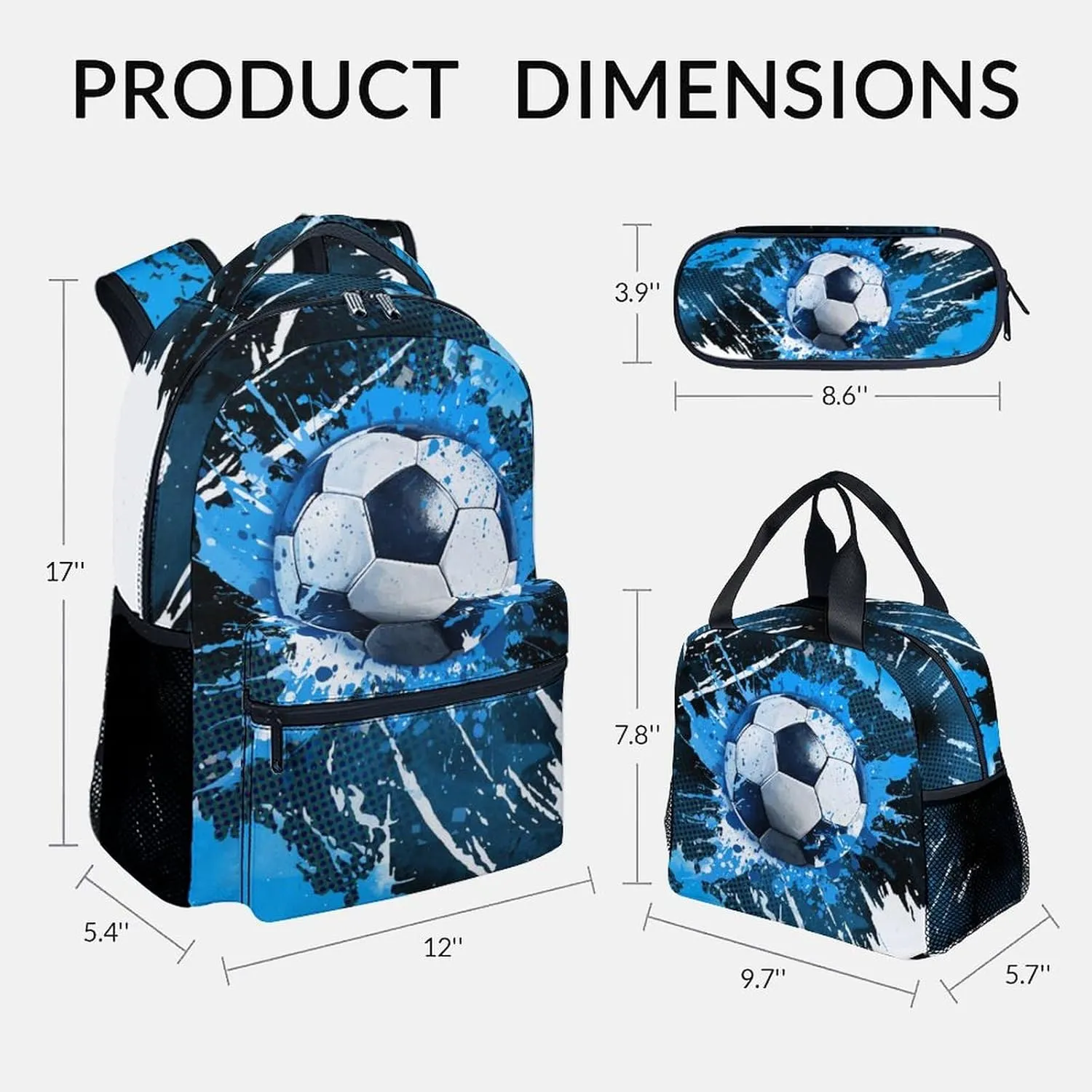 Kids Backpack - Soccer Backpacks Set for Boys Girls - School Bookbag with Lunch Box - Sport Themed Book Bag for Elementary Middle School
