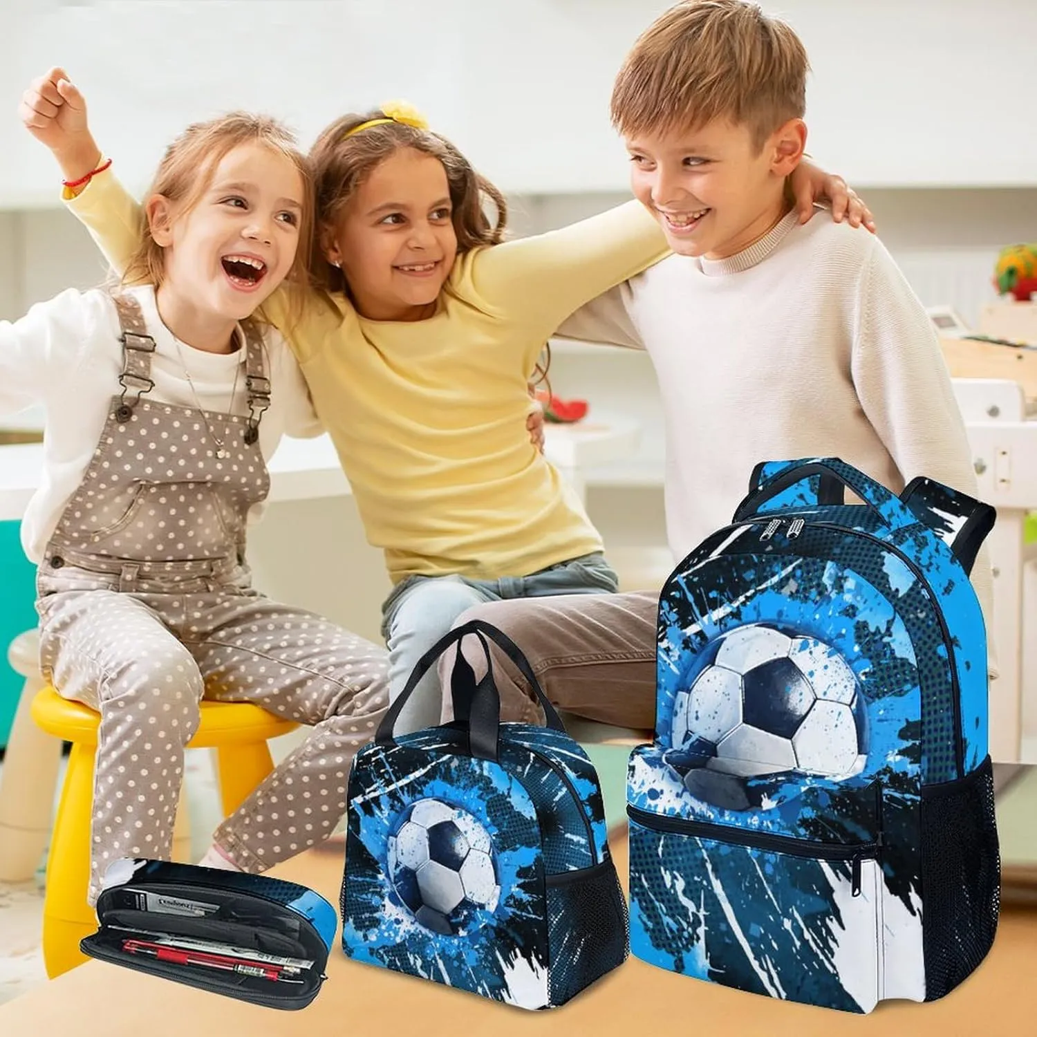 Kids Backpack - Soccer Backpacks Set for Boys Girls - School Bookbag with Lunch Box - Sport Themed Book Bag for Elementary Middle School