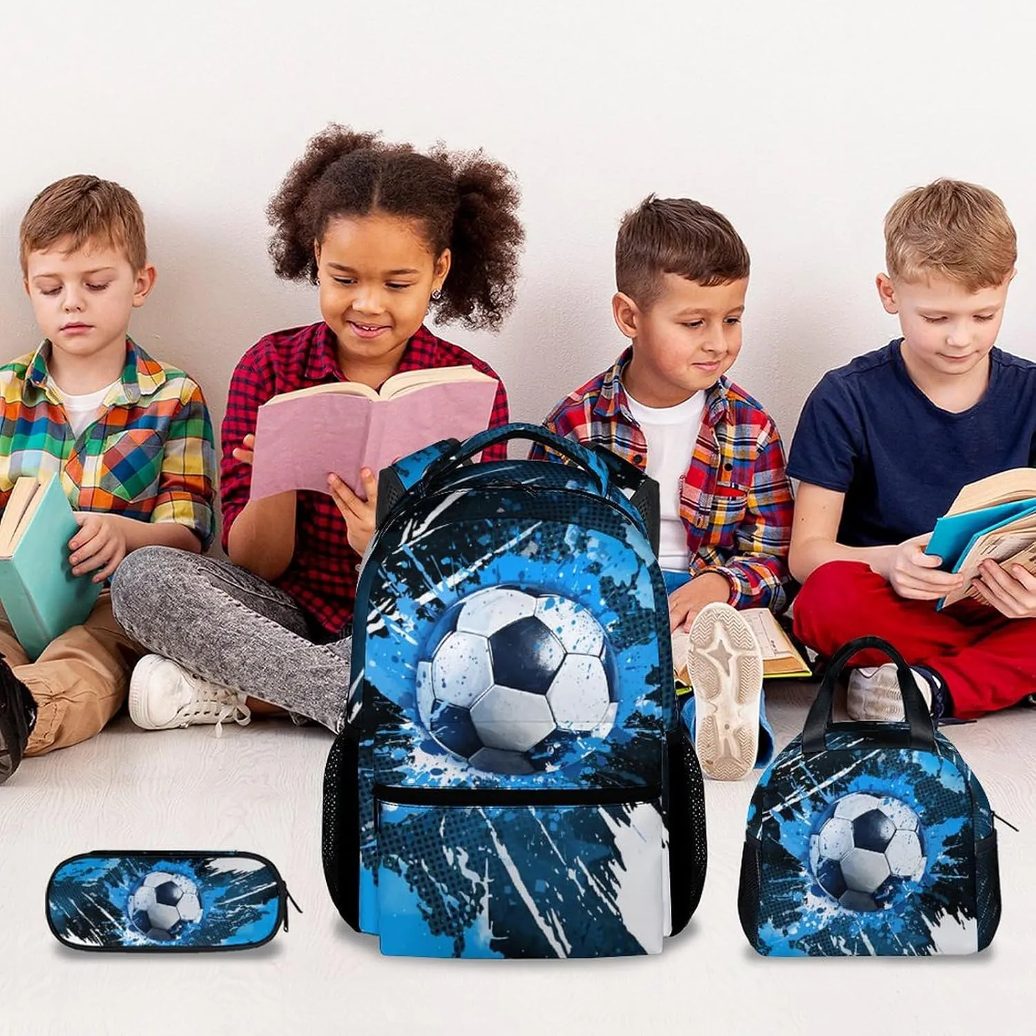 Kids Backpack - Soccer Backpacks Set for Boys Girls - School Bookbag with Lunch Box - Sport Themed Book Bag for Elementary Middle School