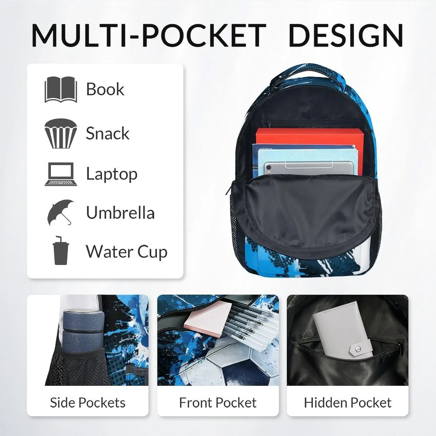 Kids Backpack - Soccer Backpacks Set for Boys Girls - School Bookbag with Lunch Box - Sport Themed Book Bag for Elementary Middle School