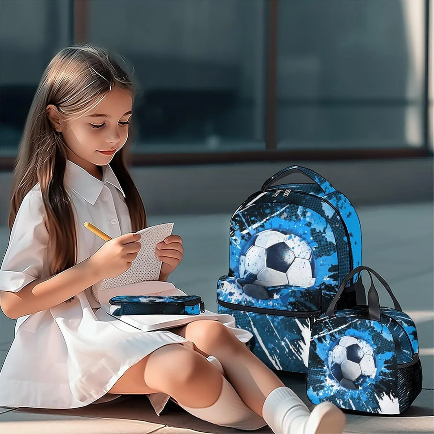 Kids Backpack - Soccer Backpacks Set for Boys Girls - School Bookbag with Lunch Box - Sport Themed Book Bag for Elementary Middle School