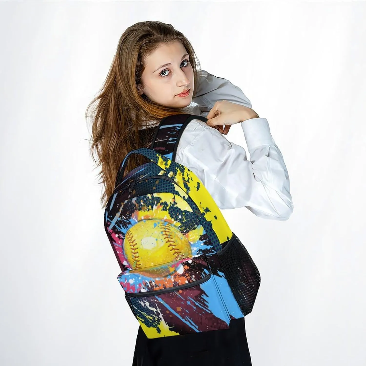Kids School Backpack - Softball Backpacks for Girls - 17 Inch Sports Theme Bookbag for Elementary Middle School - Casual School Bag for Teens Youth