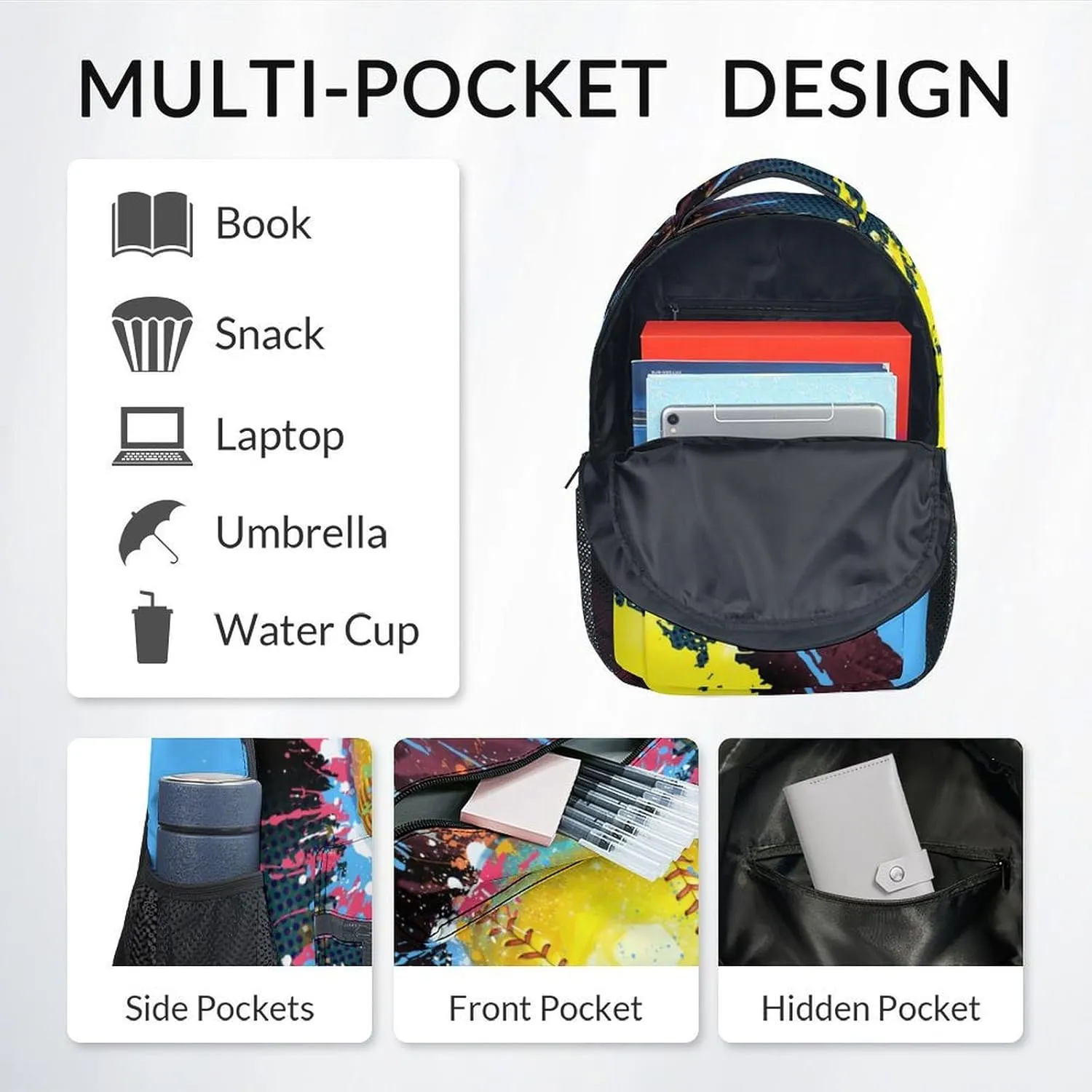 Kids School Backpack - Softball Backpacks for Girls - 17 Inch Sports Theme Bookbag for Elementary Middle School - Casual School Bag for Teens Youth