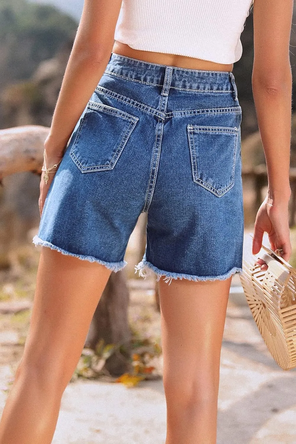 KINGFEN Women's High Waist Denim Shorts Raw Hem Jean Shorts Casual Summer Straight Wide Leg Pants for Women with Pockets