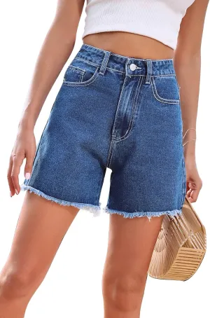 KINGFEN Women's High Waist Denim Shorts Raw Hem Jean Shorts Casual Summer Straight Wide Leg Pants for Women with Pockets