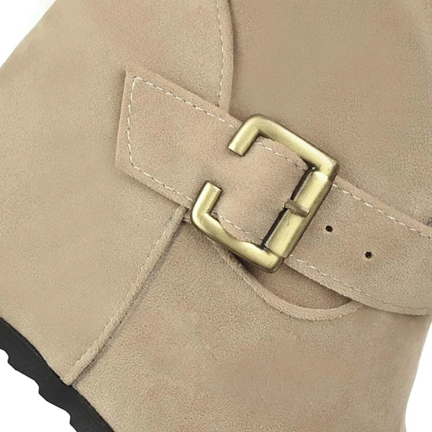 Knee High Boots Women Thigh High Boots Ladies Fashion Suede Belt Buckle With Elevated Wedge Heel Round Toe Long Boots