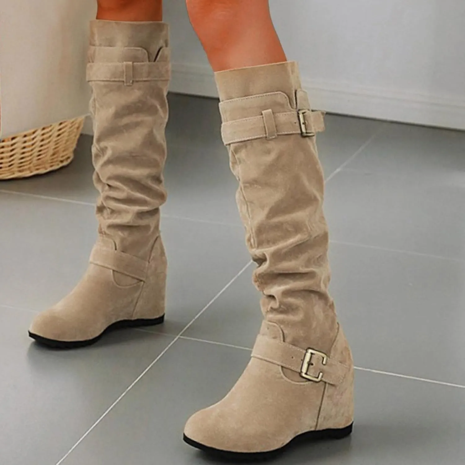 Knee High Boots Women Thigh High Boots Ladies Fashion Suede Belt Buckle With Elevated Wedge Heel Round Toe Long Boots
