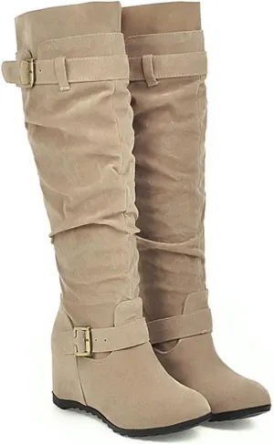 Knee High Boots Women Thigh High Boots Ladies Fashion Suede Belt Buckle With Elevated Wedge Heel Round Toe Long Boots