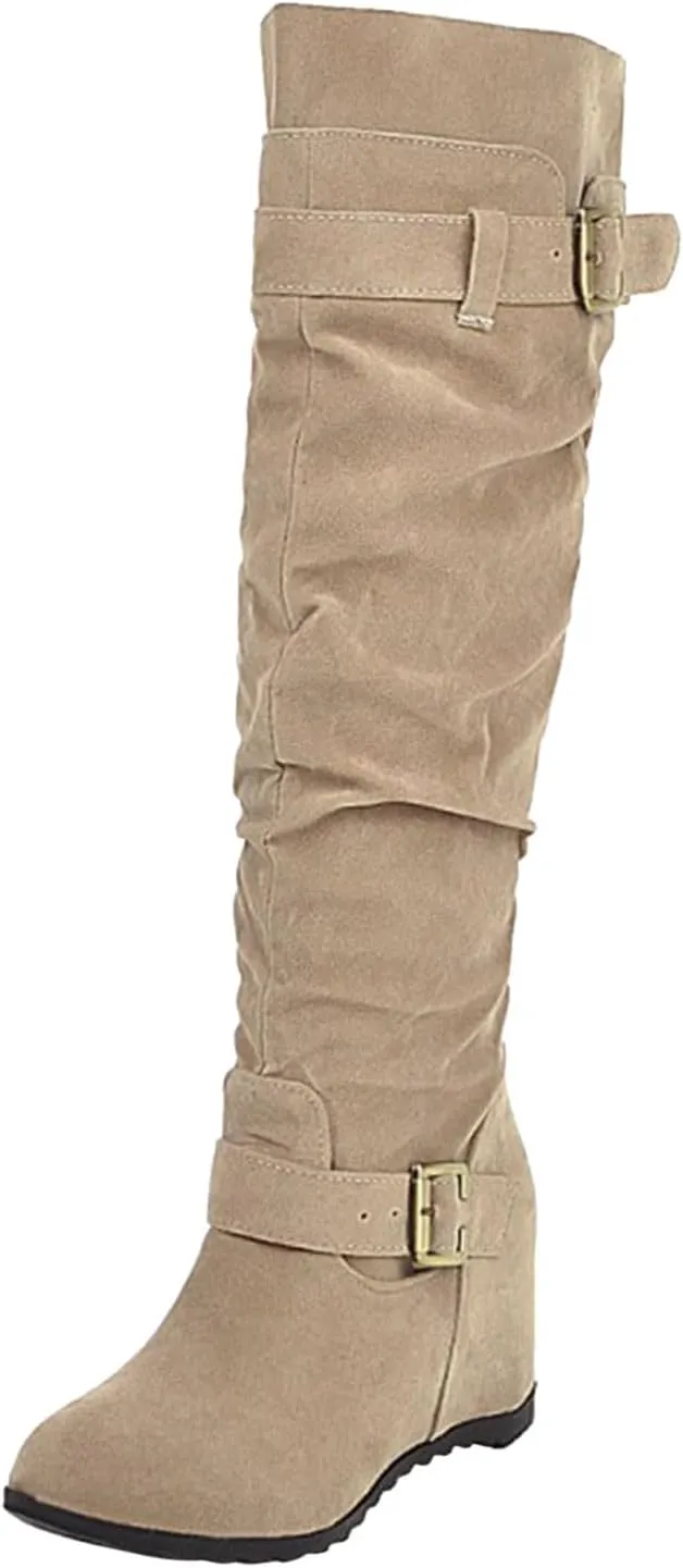 Knee High Boots Women Thigh High Boots Ladies Fashion Suede Belt Buckle With Elevated Wedge Heel Round Toe Long Boots