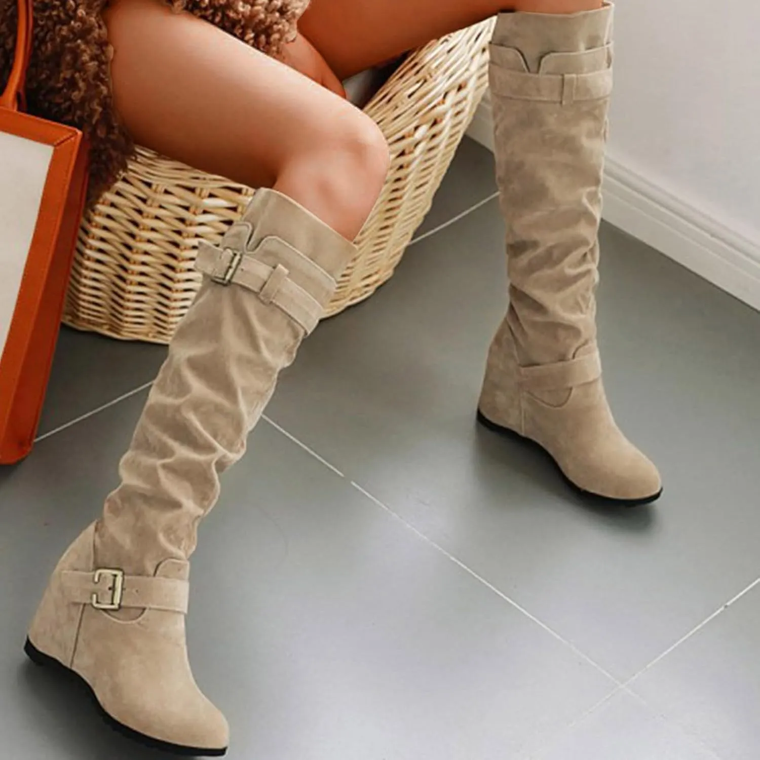 Knee High Boots Women Thigh High Boots Ladies Fashion Suede Belt Buckle With Elevated Wedge Heel Round Toe Long Boots