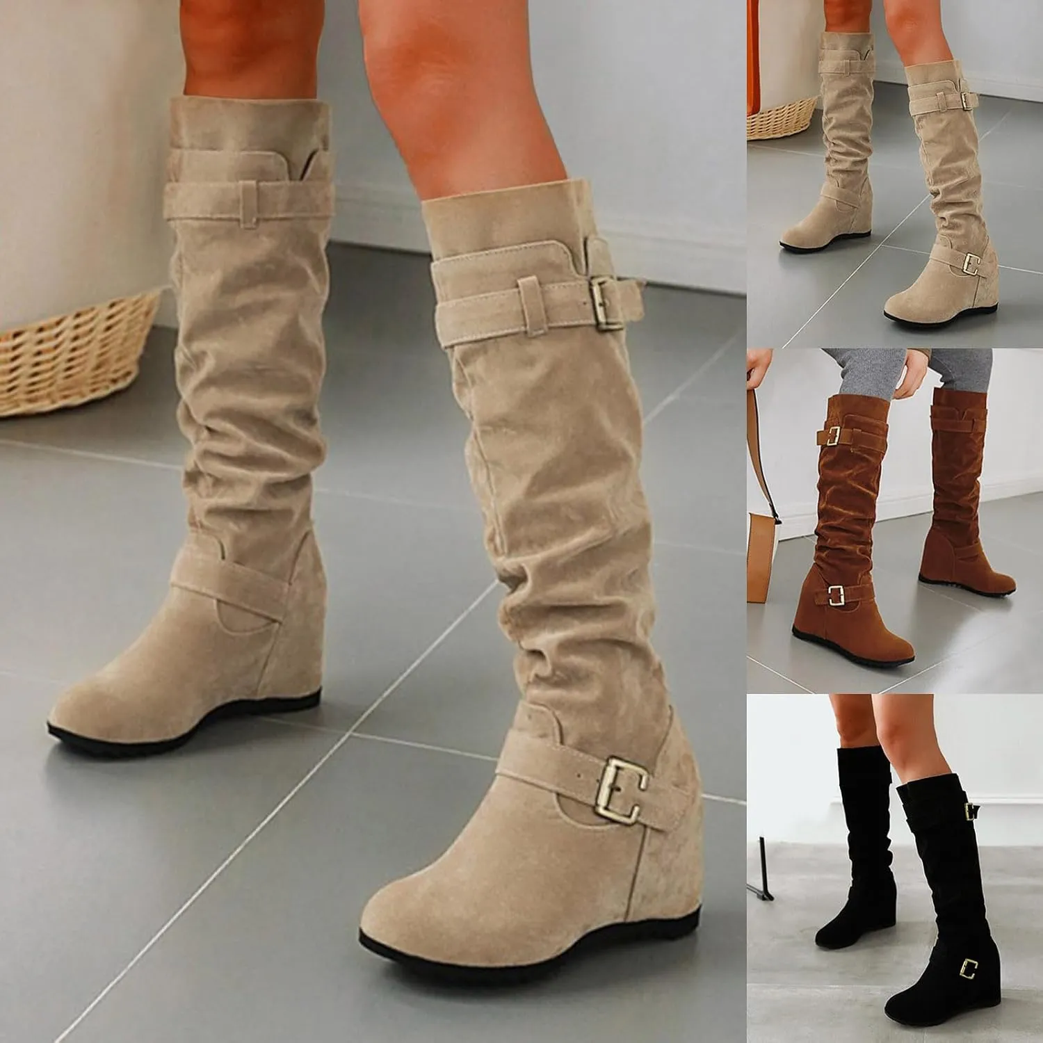 Knee High Boots Women Thigh High Boots Ladies Fashion Suede Belt Buckle With Elevated Wedge Heel Round Toe Long Boots