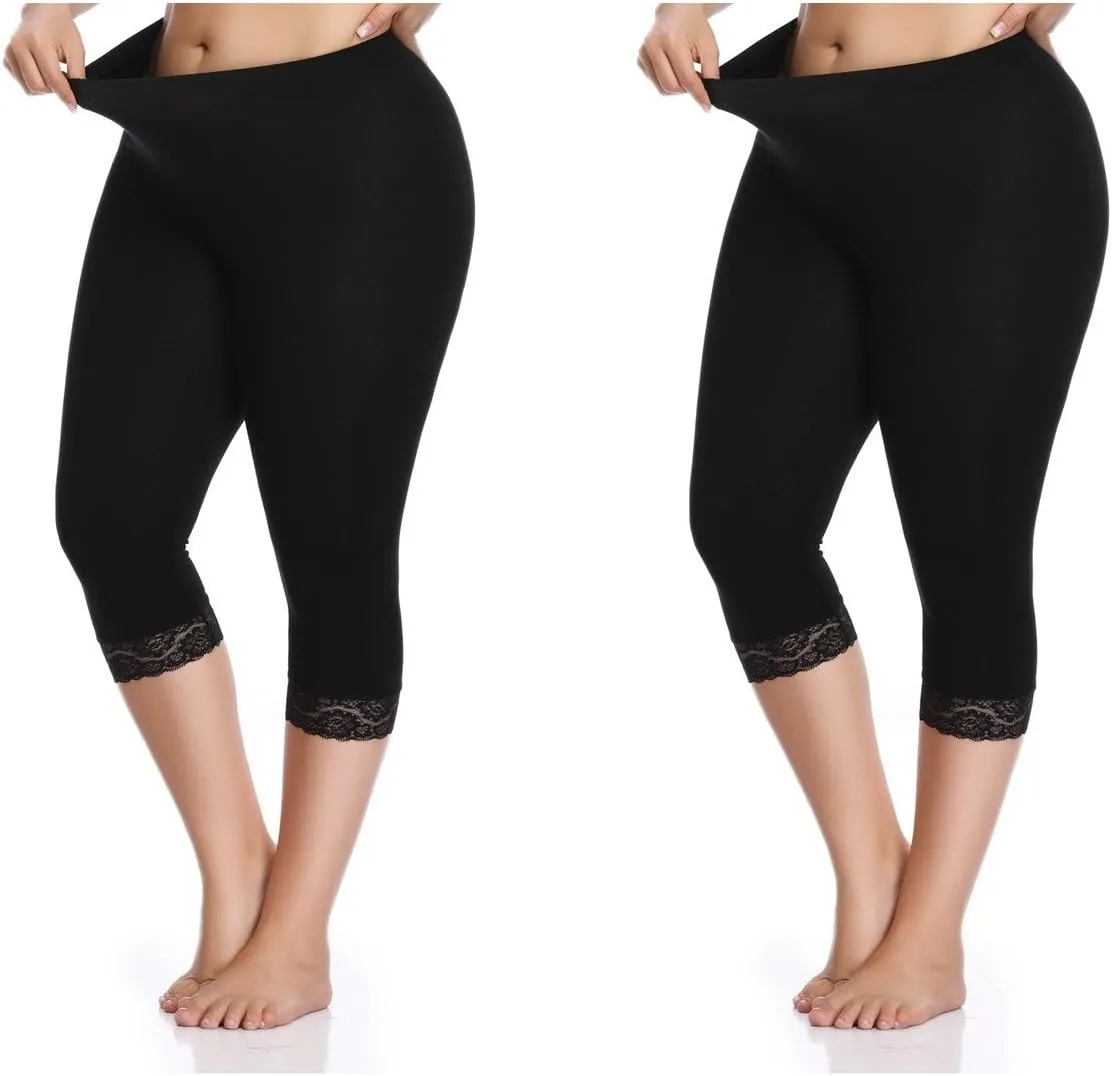 Kotii Women's Plus Size Lace Trim Capri Leggings Stretch Crop Leggings Summer Tights Pants