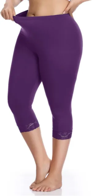 Kotii Women's Plus Size Lace Trim Capri Leggings Stretch Crop Leggings Summer Tights Pants
