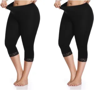 Kotii Women's Plus Size Lace Trim Capri Leggings Stretch Crop Leggings Summer Tights Pants