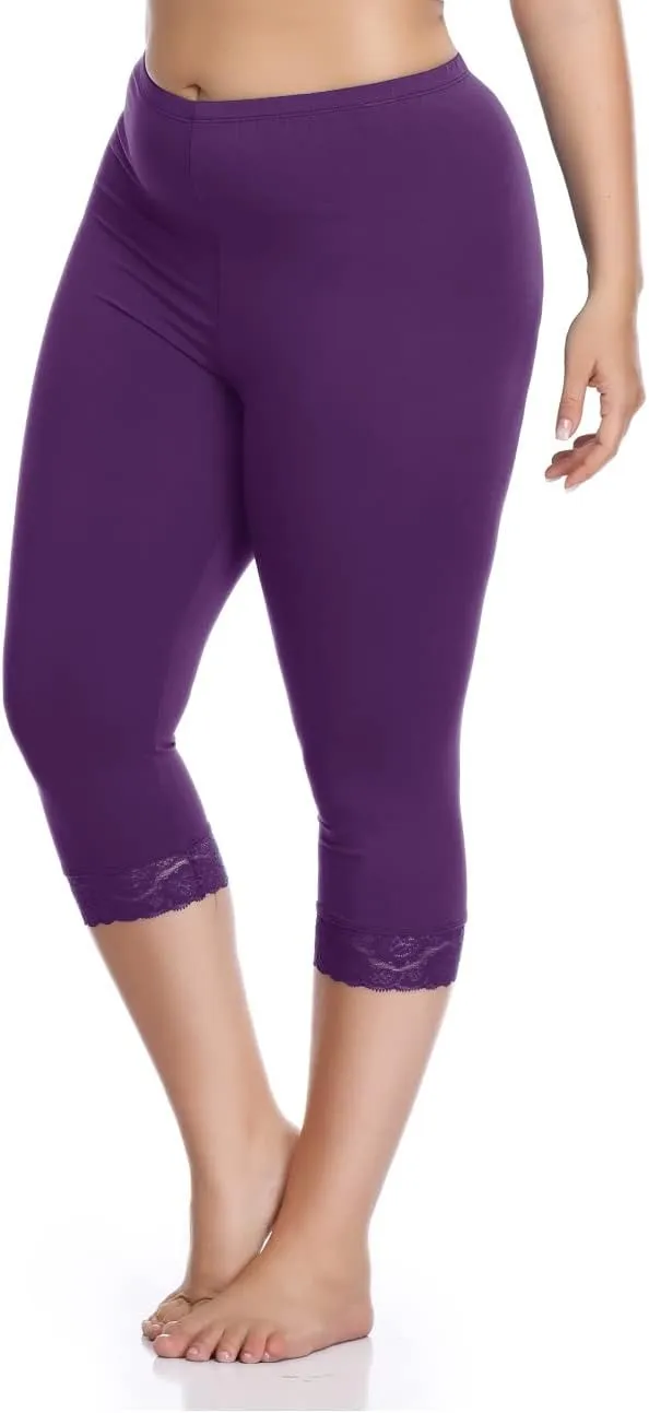 Kotii Women's Plus Size Lace Trim Capri Leggings Stretch Crop Leggings Summer Tights Pants