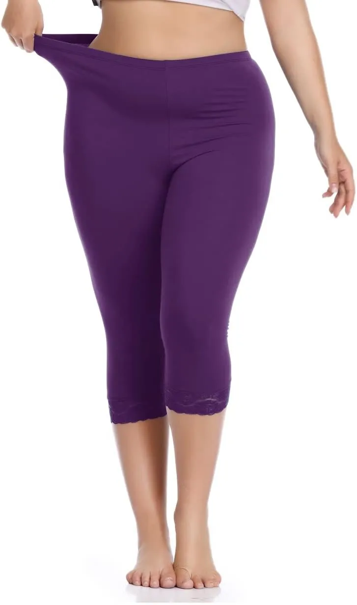 Kotii Women's Plus Size Lace Trim Capri Leggings Stretch Crop Leggings Summer Tights Pants